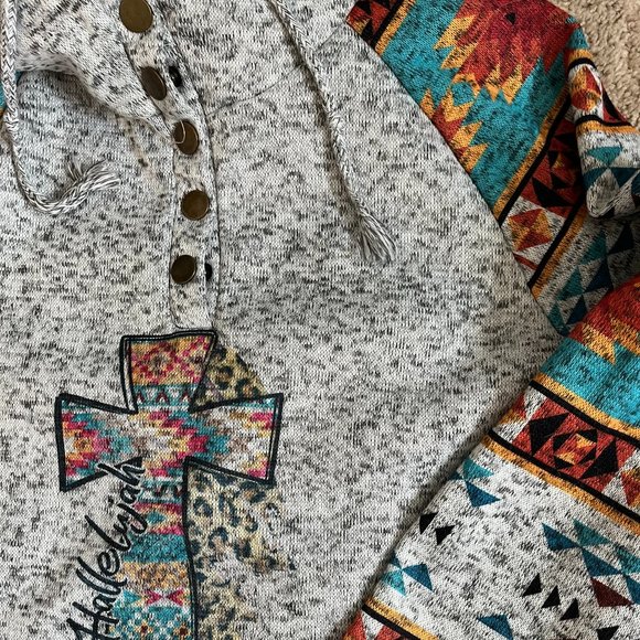 Gray & Aztec Print *Hallelujah* Hoodie | Heather Gray | Kangaroo Pocket | Size L - Picture 8 of 11